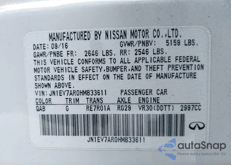 2017 Infiniti Q50 3.0T Premium from USA, damaged, VIN JN1EV7AR0HM833611